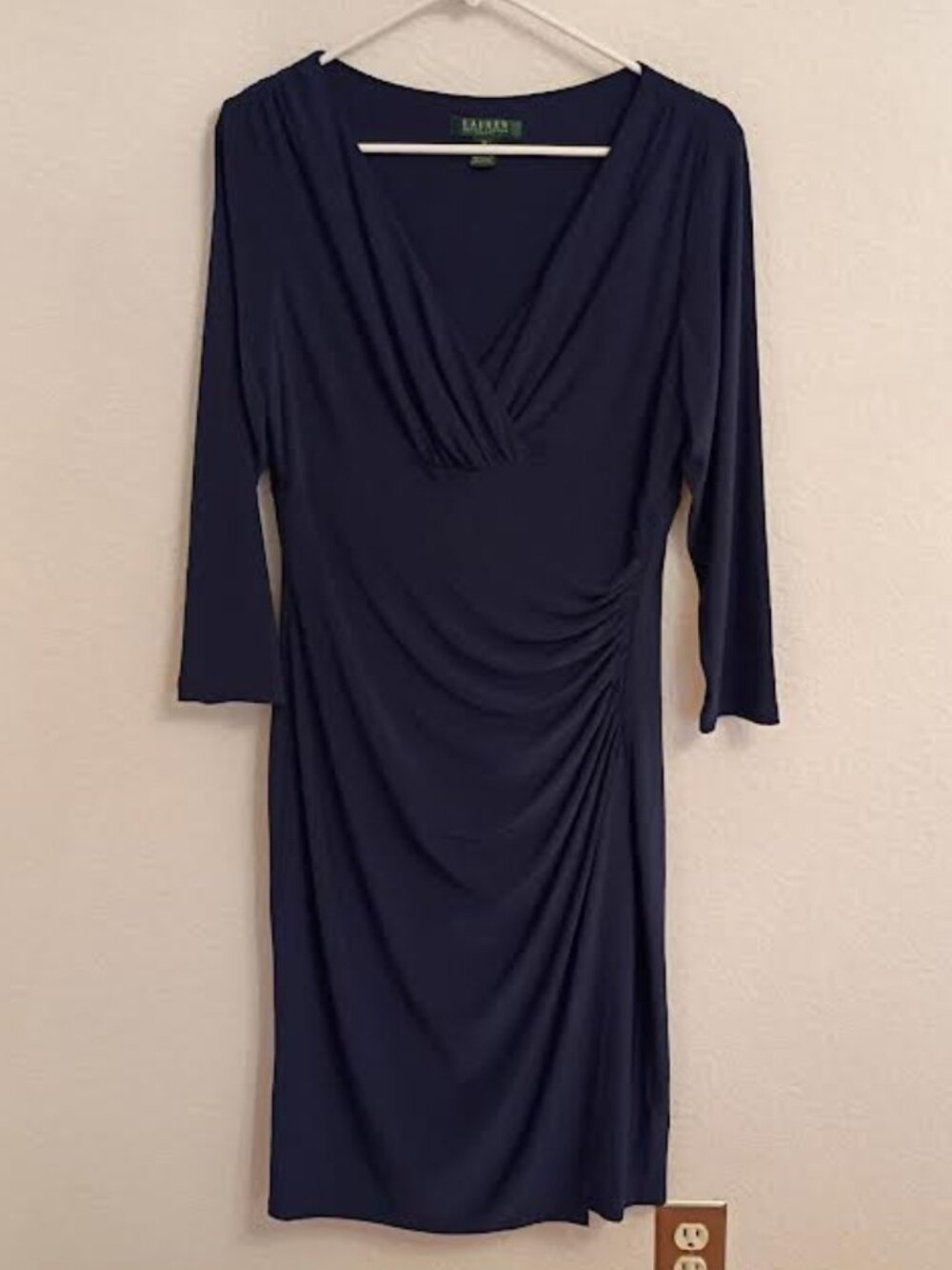 LAUREN RALPH LAUREN DRESS BLUE 3/4 SLEEVE SURPLICE V NECK RUICHED SIDE SIZE 10